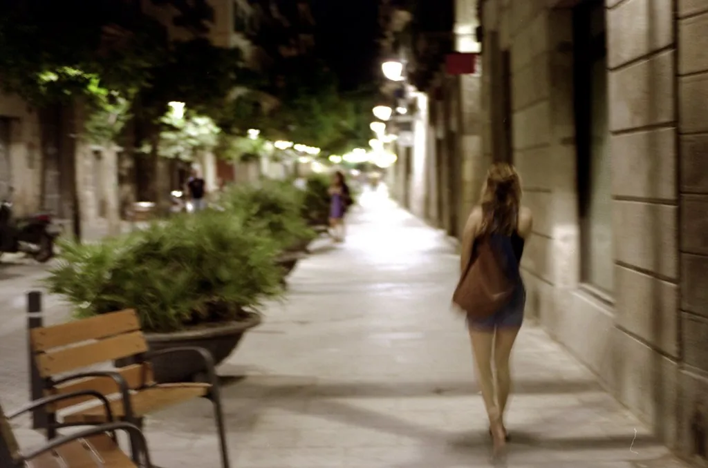 Calle peatonal de Barcelona de noche, con farolas encendidas y árboles